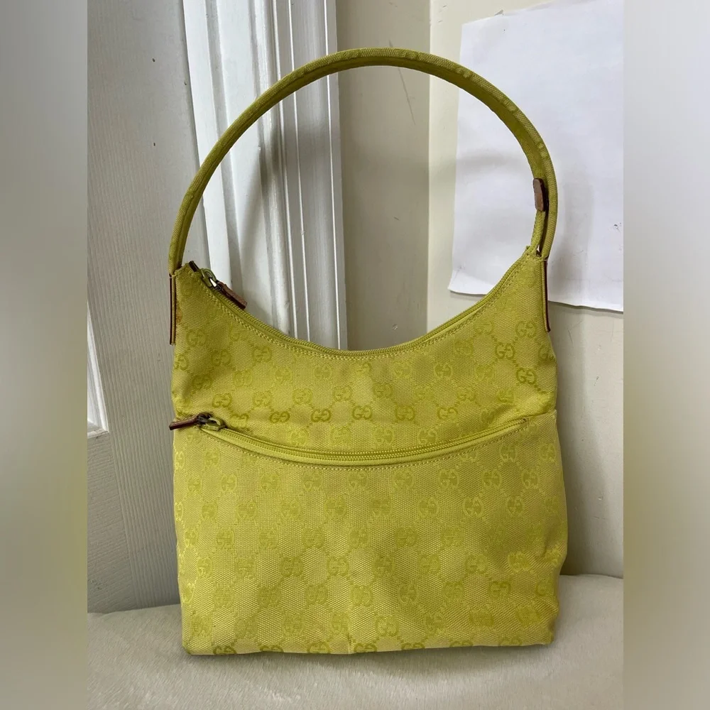 Gucci Lime Green Canvas Shoulder Bag EUC - Picture 10 of 16